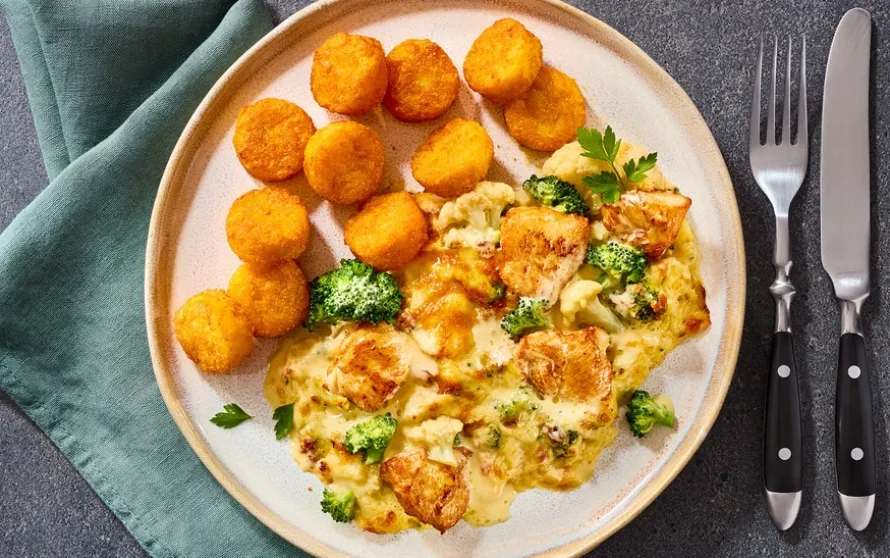Kippengratin met groenten en rösti aardappelen